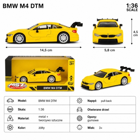 Model metalowy BMW M4 DTM MSZ żółty pull-back