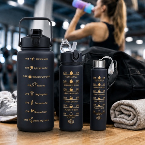 ZESTAW 3SZT BUTELKA NA WODĘ BIDON Z MIARKĄ FITNESS czarna