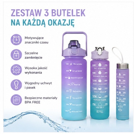 ZESTAW 3SZT BUTELKA NA WODĘ BIDON Z MIARKĄ FITNESS fioletowo -turkusowy