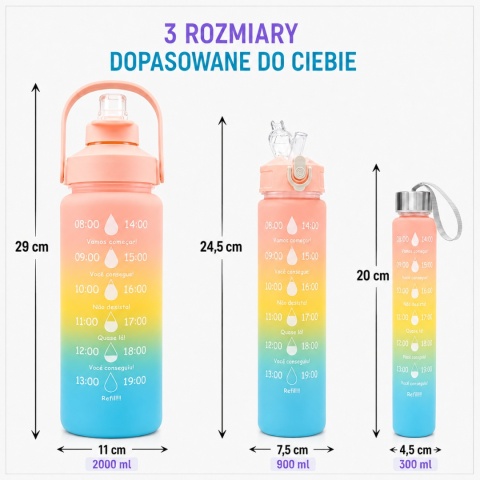 ZESTAW 3SZT BUTELKA NA WODĘ BIDON Z MIARKĄ FITNESS róż, żółty, niebieski