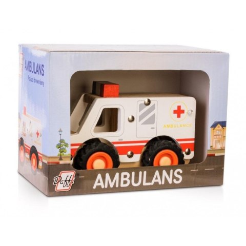 Drewniane auto z oponami - ambulans