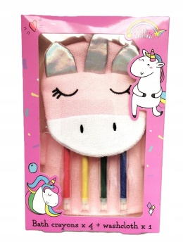 Little Unicorn kredki do kąpieli + różowa myjka